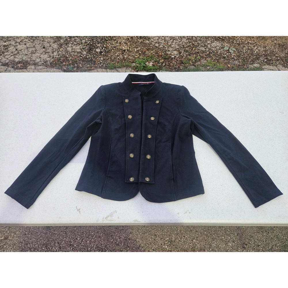 Tommy Hilfiger Womens Navy Military Knit Jacket Gold Crest Button Blazer Large